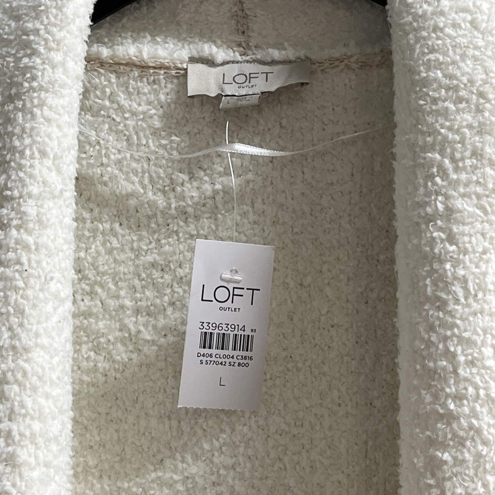 Loft Sweater Womens L Ivory Whited Fleeced Lined Open Front Cardigan Long Lounge - Picture 3 of 8